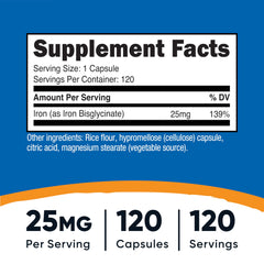 Nutricost bottle of 120 capsules offers a convenient daily iron routine.