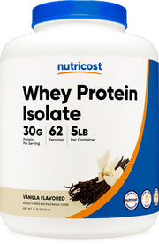 Nutricost Isolate Whey Vanilla bottle shows premium packaging and protein for daily shakes