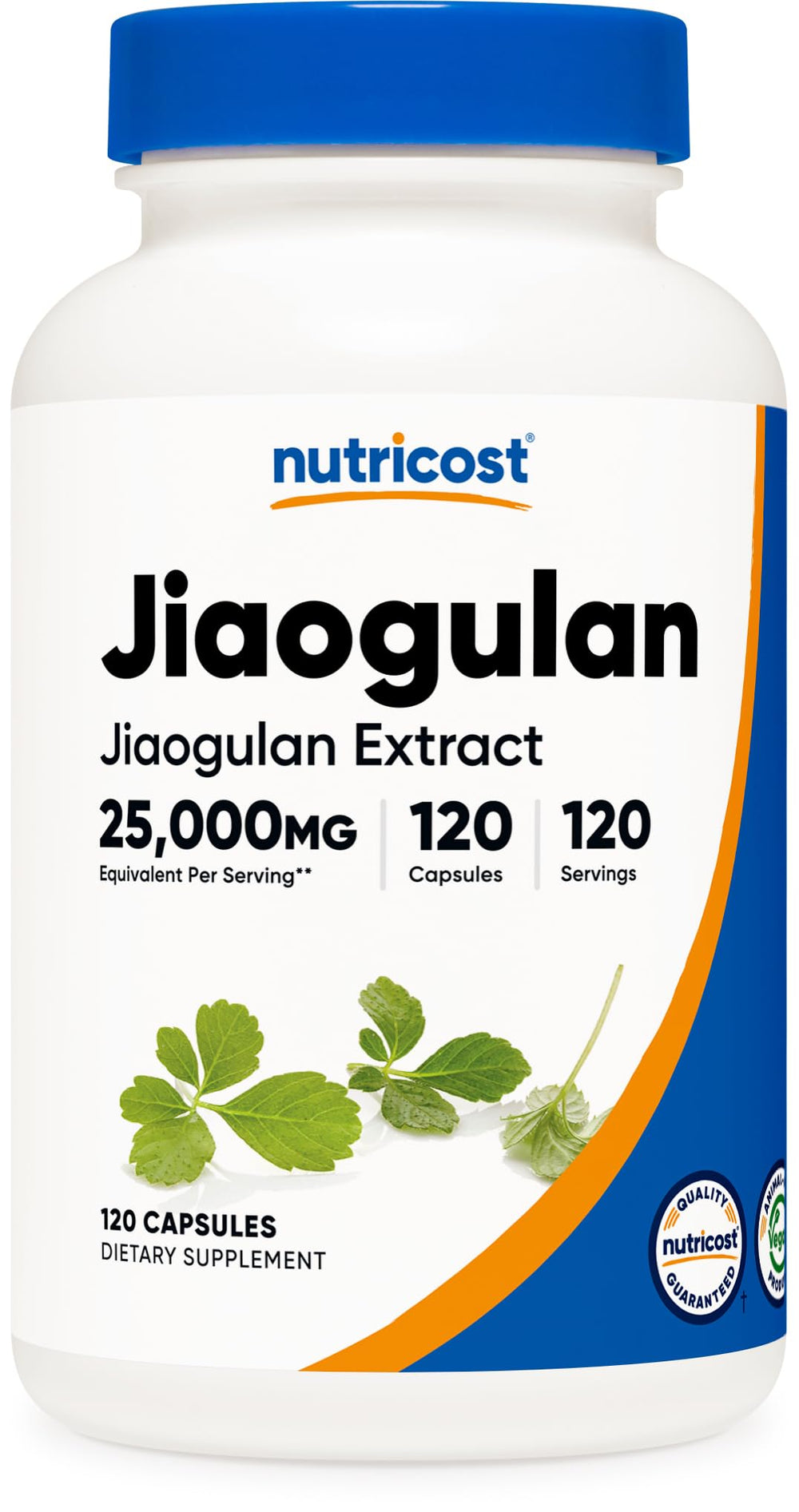 Nutricost Jiaogulan extract bottle label highlights vegan, gluten-free formula for daily wellness