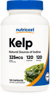 Nutricost Kelp Capsules bottle front view highlighting iodine source for daily supplementation
