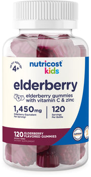 Nutricost Kids Elderberry Gummies bottle front shows kid-friendly berry flavor.