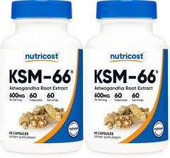 Nutricost KSM-66 Ashwagandha bottle showing 600 mg per serving for daily wellness