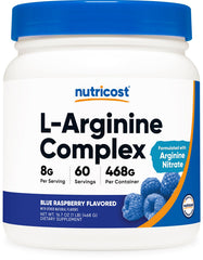 Nutricost L-Arginine Complex blue raspberry powder bottle highlighting flavor and quality