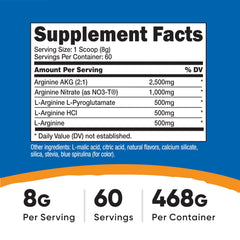 Nutricost L-Arginine Complex fruit punch powder with serving scoop for daily use