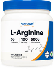 Nutricost L-Arginine powder bottle with label, pure formula for daily supplementation.