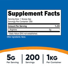 Nutricost L-Arginine powder scoop showing a precise 5 g serving