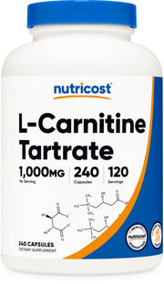 Nutricost L-Carnitine Tartrate bottle front showing 240 capsules for daily support