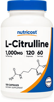 Nutricost L-Citrulina frasco frontal, apoyo pre-entrenamiento