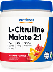 Nutricost L-Citrulline Malate 2:1 Fruit Punch bottle pour showing the product in use and flavor clarity.
