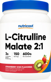 Nutricost L-Citrulline Malate 2:1 bottle shows strawberry kiwi flavor ideal for pre-workout energy.