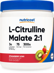 Nutricost L-Citrulline Malate 2:1 Strawberry Kiwi bottle, tasty flavor for pre-workout routines.