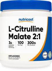 Nutricost L-Citrulline Malate bottle label showing 2:1 ratio for pre-workouts