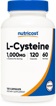 Nutricost L-Cysteine 1000mg capsules bottle for daily wellness.