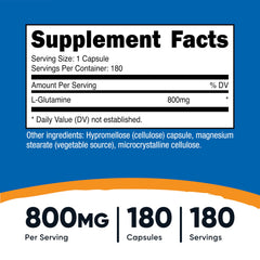 Nutricost L-Glutamine 800mg bottle—180 servings for ongoing daily support.