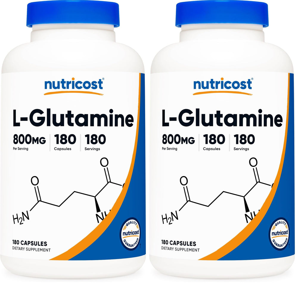 Nutricost L-Glutamine 800mg capsules on a clean surface for daily wellness.