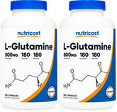 Nutricost L-Glutamine 800mg capsules on a clean surface for daily wellness.