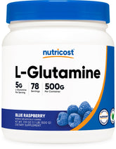 Nutricost L-Glutamine Blue Raspberry bottle for convenient daily amino support.