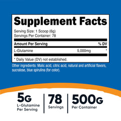 Nutricost L-Glutamine Blue Raspberry powder closeup for easy daily mix.