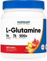 Nutricost L-Glutamine Fruit Punch bottle for easy daily supplementation.