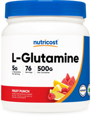 Nutricost L-Glutamine Fruit Punch bottle for easy daily supplementation.