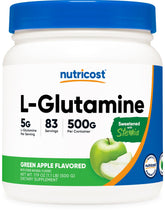 Nutricost L-Glutamine Green Apple powder bottle for daily gut support.