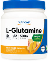 Nutricost L-Glutamine Peach Mango bottle for daily supplementation.