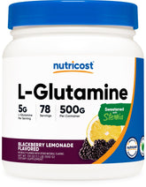 Nutricost L-Glutamine bottle with blackberry lemonade flavor for daily use