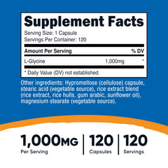 Close-up of Nutricost L-Glycine bottle label showing 1000mg per capsule.