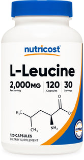 Nutricost L-Leucine 2000mg bottle shows high-potency formula for daily supplementation.