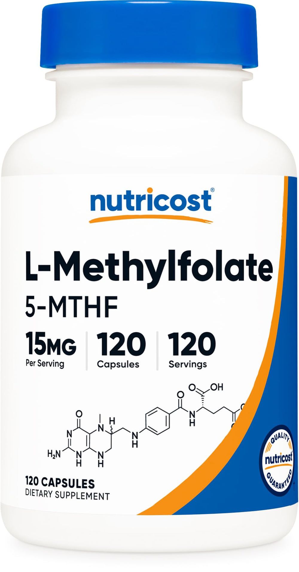 Nutricost L-Methylfolate 15mg bottle front for daily wellness.