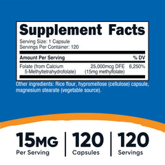 Close-up of Nutricost L-Methylfolate 15mg capsules, vegan and gluten-free.