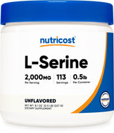 Nutricost L-Serine powder bottle with label highlighting quality ingredients for daily use