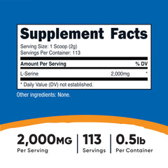 Nutricost L-Serine serving scoop beside powder demonstrates convenient 2,000 mg per serving