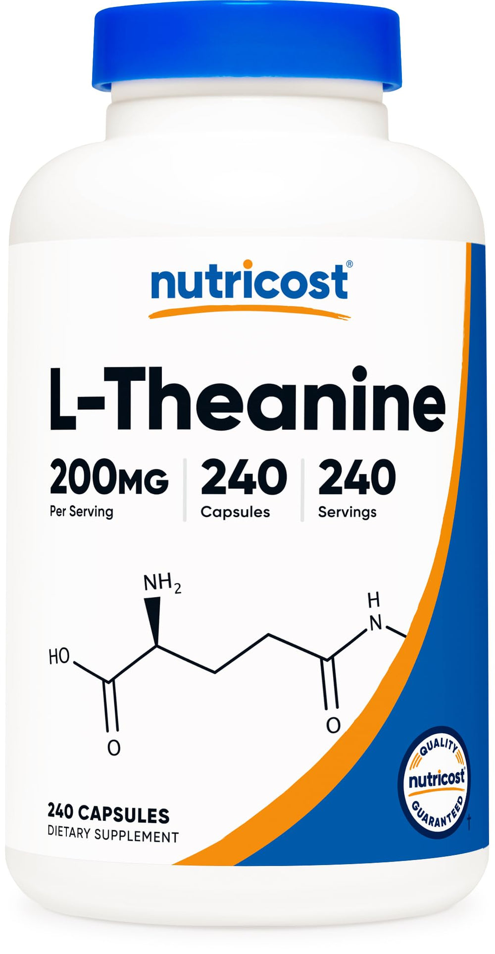 Nutricost L-Theanine 200mg bottle front view promotes calm focus during tasks.