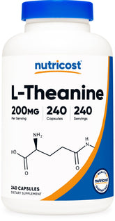 Nutricost L-Theanine 200mg bottle front view promotes calm focus during tasks.