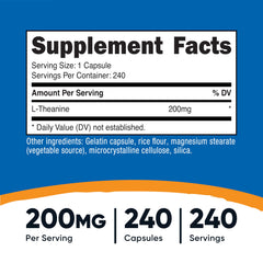 Nutricost L-Theanine 200mg capsules closeup supports daily focus and routine.