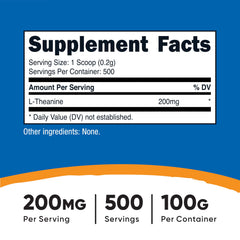 Close-up of Nutricost L-Theanine label showing 200 mg per serving