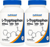 Nutricost L-Tryptophan 500mg bottle front view for daily wellness.