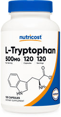 Nutricost L-Tryptophan 500mg bottle front invites simple daily supplementation.