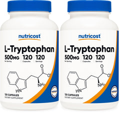 Nutricost L-Tryptophan 500mg bottle front view for daily wellness.