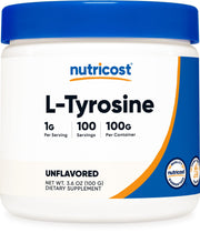 Nutricost L-Tyrosine, bote de 100 g fácil de transportar.