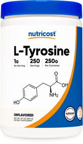 Nutricost L-Tyrosine powder bottle highlights pure formula for daily cognitive focus.