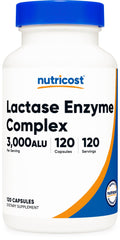 Nutricost lactase enzyme bottle with 120 vegetarian capsules for lactose digestion support.