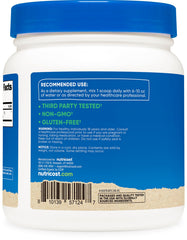 Nutricost Lion's Mane powder bottle side view with serving size and gluten-free claim.