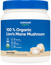 Nutricost Lion's Mane powder jar front showing organic formula for daily focus support.