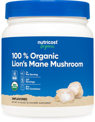 Nutricost Lion's Mane powder jar front showing organic formula for daily focus support.