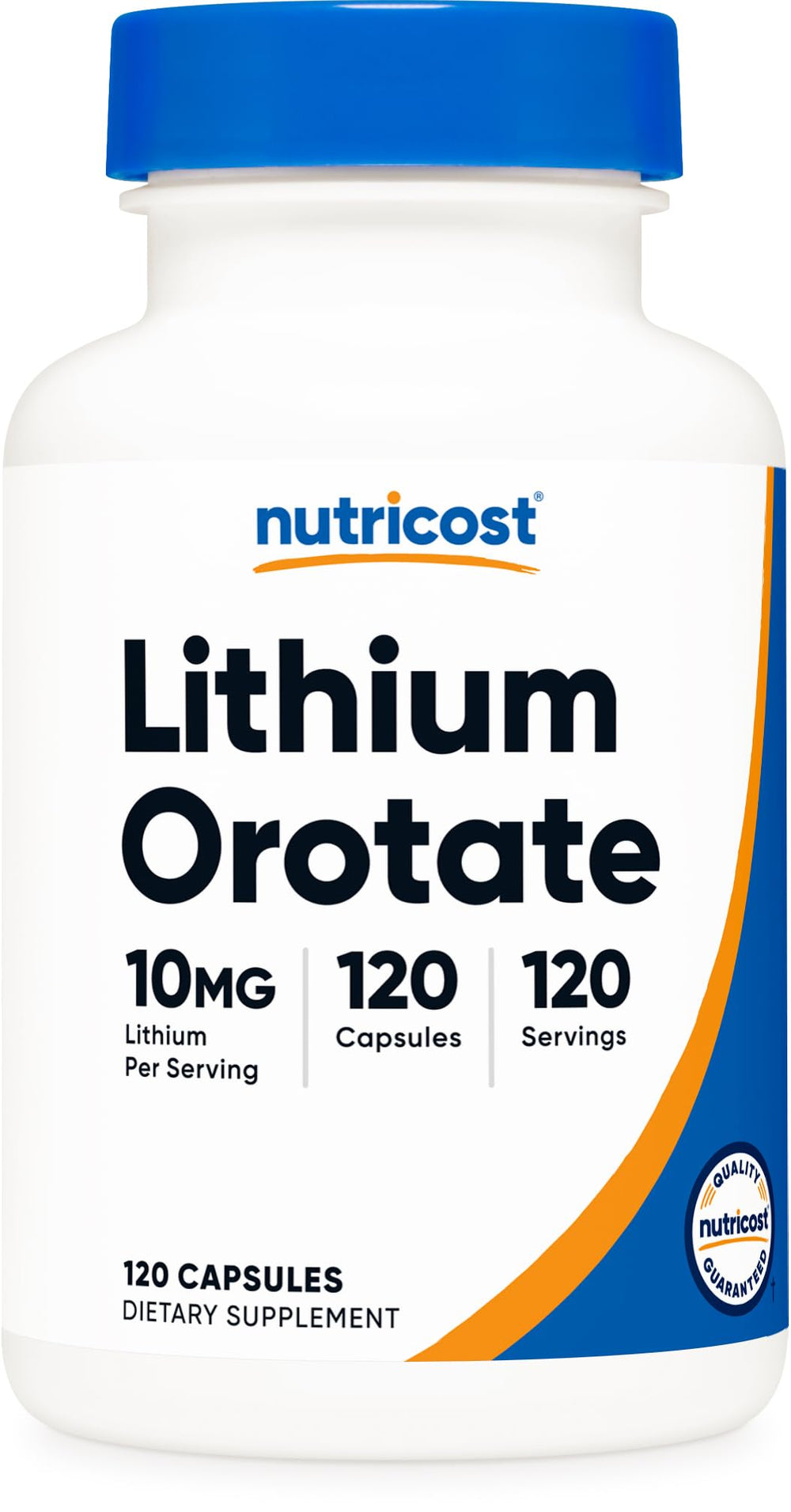 Nutricost Lithium Orotate bottle label with 10 mg per capsule for daily wellness
