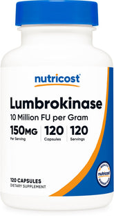 Nutricost Lumbrokinase capsules bottle showing 150 mg potency for daily use.