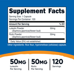 Nutricost Luteolin with Rutin Complex bottle back showing ingredients and certifications