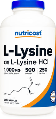 Nutricost L-Lysine bottle showing 1000 mg serving for daily amino acid support